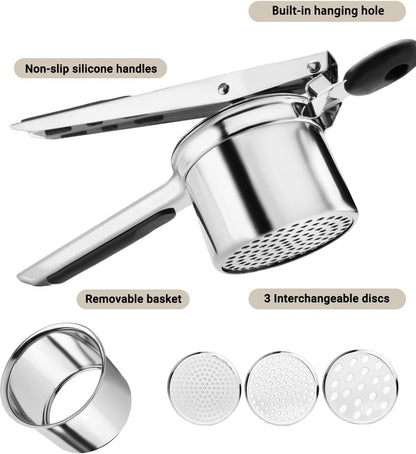 Heavy Duty Potato Ricer, Large 22oz Potato Masher, Stainless Steel Press and Mash Kitchen Gadget for Mashed Potatoes, Spaetzle Maker with Silicone Handle