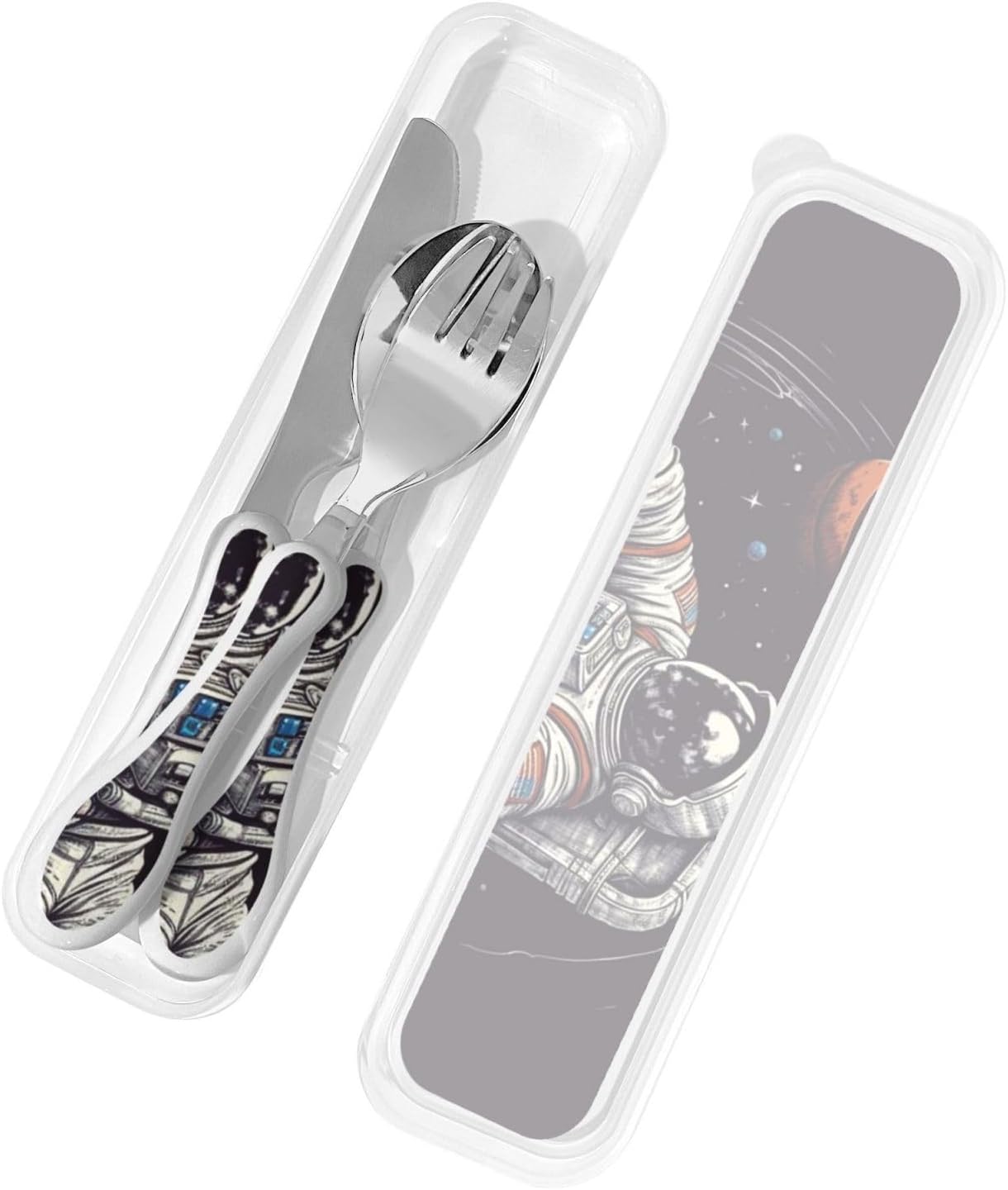 3-Piece Kids Silverware Set With Storage Case, Stainless Steel Reusable Children Safe Knife Spoon Fork Set Astronaut Cat Fish Children Flatware Set For Kids Lunch Box