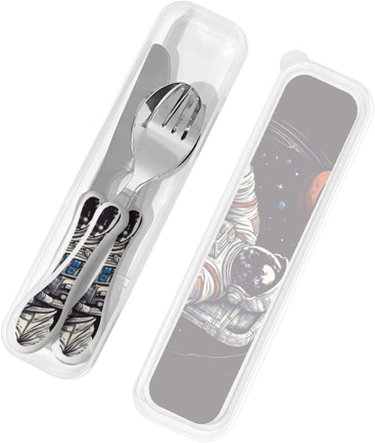 3-Piece Kids Silverware Set With Storage Case, Stainless Steel Reusable Children Safe Knife Spoon Fork Set Astronaut Cat Fish Children Flatware Set For Kids Lunch Box