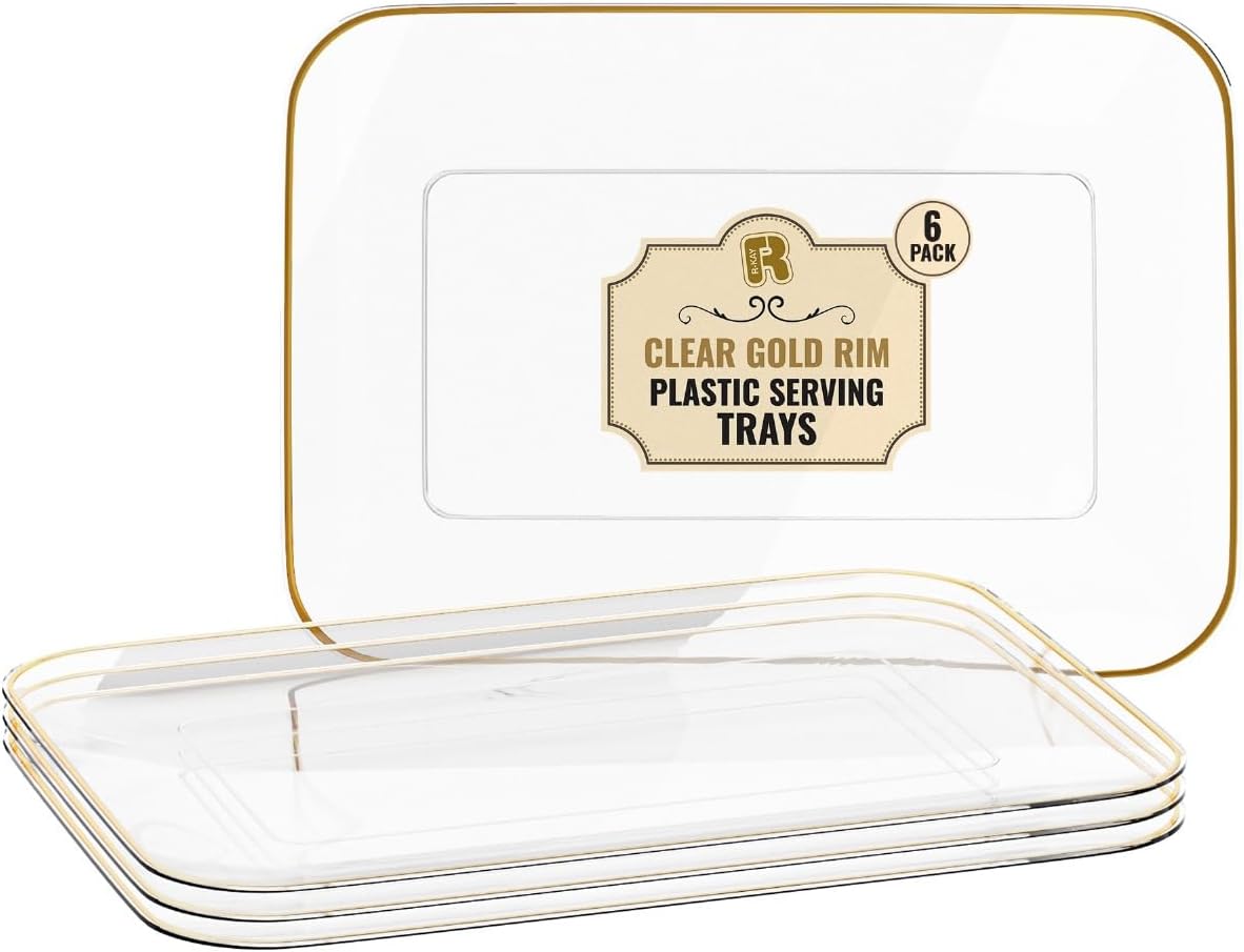 6 Pack Plastic Serving Trays for Party - 8 x 11 Disposable Serving Tray - Heavy Duty Gold Dessert Trays (Clear)