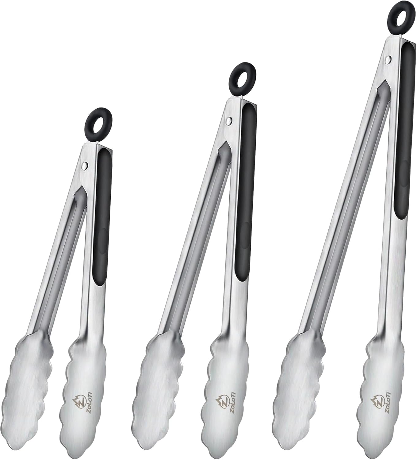 Kitchen Tongs Set, 3 PCS, 12, 9 & 7 Inch | Silicone Grips, Lockable, Stainless Steel, Heat Resistant, For Grill Camping Cooking BBQ