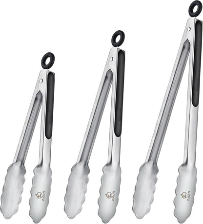 Kitchen Tongs Set, 3 PCS, 12, 9 & 7 Inch | Silicone Grips, Lockable, Stainless Steel, Heat Resistant, For Grill Camping Cooking BBQ