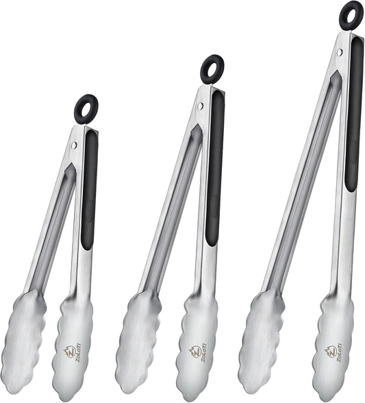 Kitchen Tongs Set, 3 PCS, 12, 9 & 7 Inch | Silicone Grips, Lockable, Stainless Steel, Heat Resistant, For Grill Camping Cooking BBQ