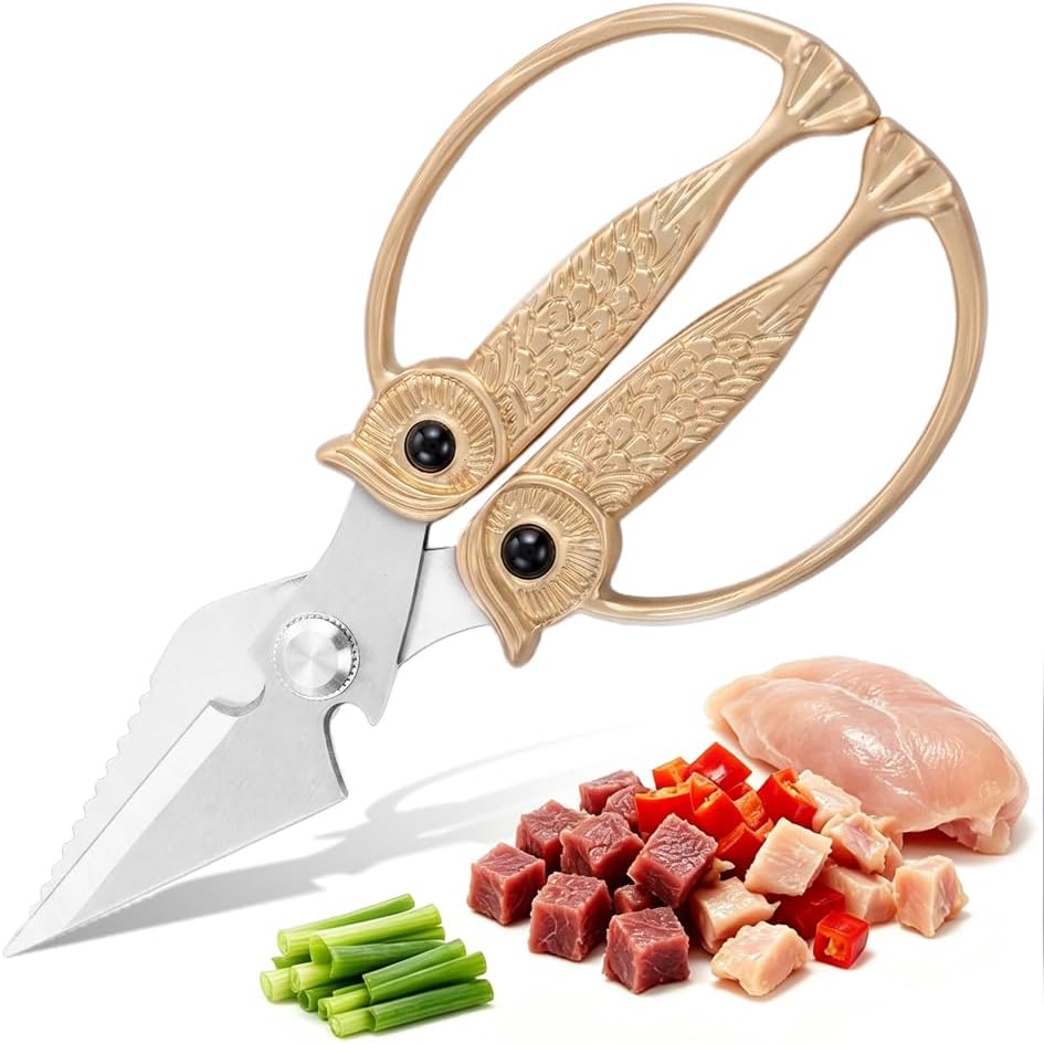 XSNBRD All Purpose Kitchen Scissors, Pearl Gold Stainless Owl Shears.