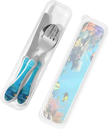 3-Piece Kids Silverware Set With Storage Case, Stainless Steel Reusable Children Safe Knife Spoon Fork Set Blue Active Girl Running Sunset Children Flatware Set For Kids Lunch Box - Colors B