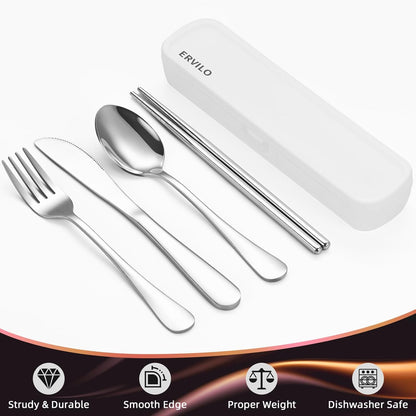 Travel Utensils with Case, Stainless Steel Camping Cutlery Set, Reinforced Case with Snap-Lock Closure, Include Fork Spoon Knife Chopsticks, Portable Lunch Box Silverware for Picnic Office, Black