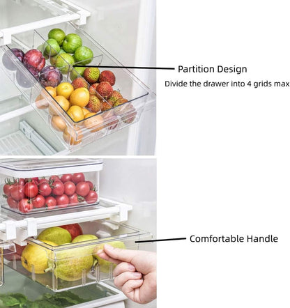YekouMax Fridge Drawer Organizer, Refrigerator Organizer Bins, Pull Out with Handle, Shelf Holder Storage Box, Clear Container for Food, Drinks, Fit for Fridge Shelf Under 0.6" (1 Pack Medium)