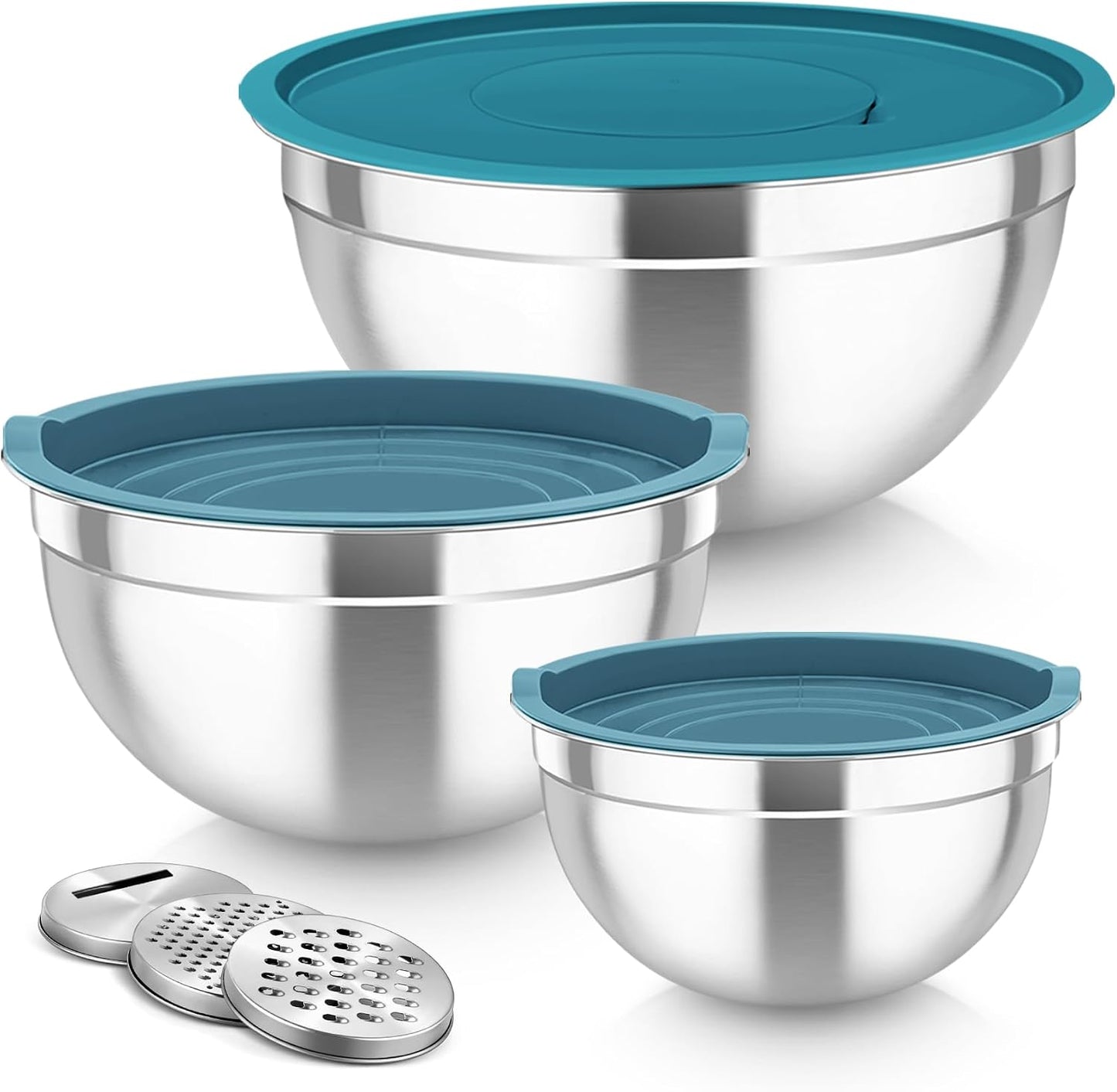 TeamFar Mixing Bowls, Stainless Steel Nesting Salad Bowls with Lids Set of 3 & 3 Grater Attachments, For Mixing/Serving/Storing, Non-toxic & Long-lasting, Size 4.6/3 / 1.5 QT, Black