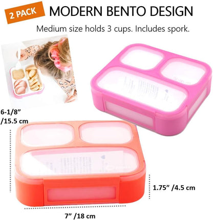 kinsho Medium Bento Boxes for Kids, Lunch Box for Boys Girls Toddler Adults, Leak-Proof 3 Compartment Containers for Meal or Snack at School Daycare Work Travel, BPA Free 2 Pack (Pastel Blue + Pink)