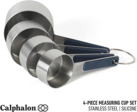 Calphalon Prime Measuring Cups, Kitchen Measurement Cup, 4-Piece Stainless Steel Kitchen Measuring Cup with Navy Silicone Handle Accurate, Durable for Dry and Liquid Ingredients