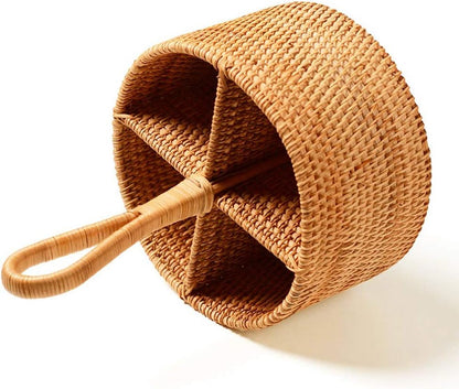 i-lan Set of 2 Rattan Utensil Caddy with Handle (7 Inch) - 4-Section Woven Wicker Silverware Holder for Tea Bags & Condiments, Boho Divided Organizer Basket for Kitchen Countertop, Party & Picnic