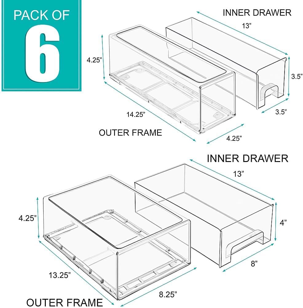 Sorbus Fridge Drawers - Clear Stackable Pull Out Refrigerator Organizer Bins - Food Storage Containers for Kitchen, Freezer, Vanity & Fridge (6 Pack | 1 Medium, 2 Small Stackable Drawer Bins)