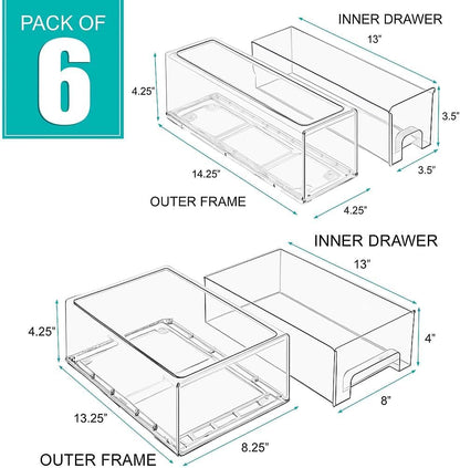 Sorbus Fridge Drawers - Clear Stackable Pull Out Refrigerator Organizer Bins - Food Storage Containers for Kitchen, Freezer, Vanity & Fridge (6 Pack | 1 Medium, 2 Small Stackable Drawer Bins)