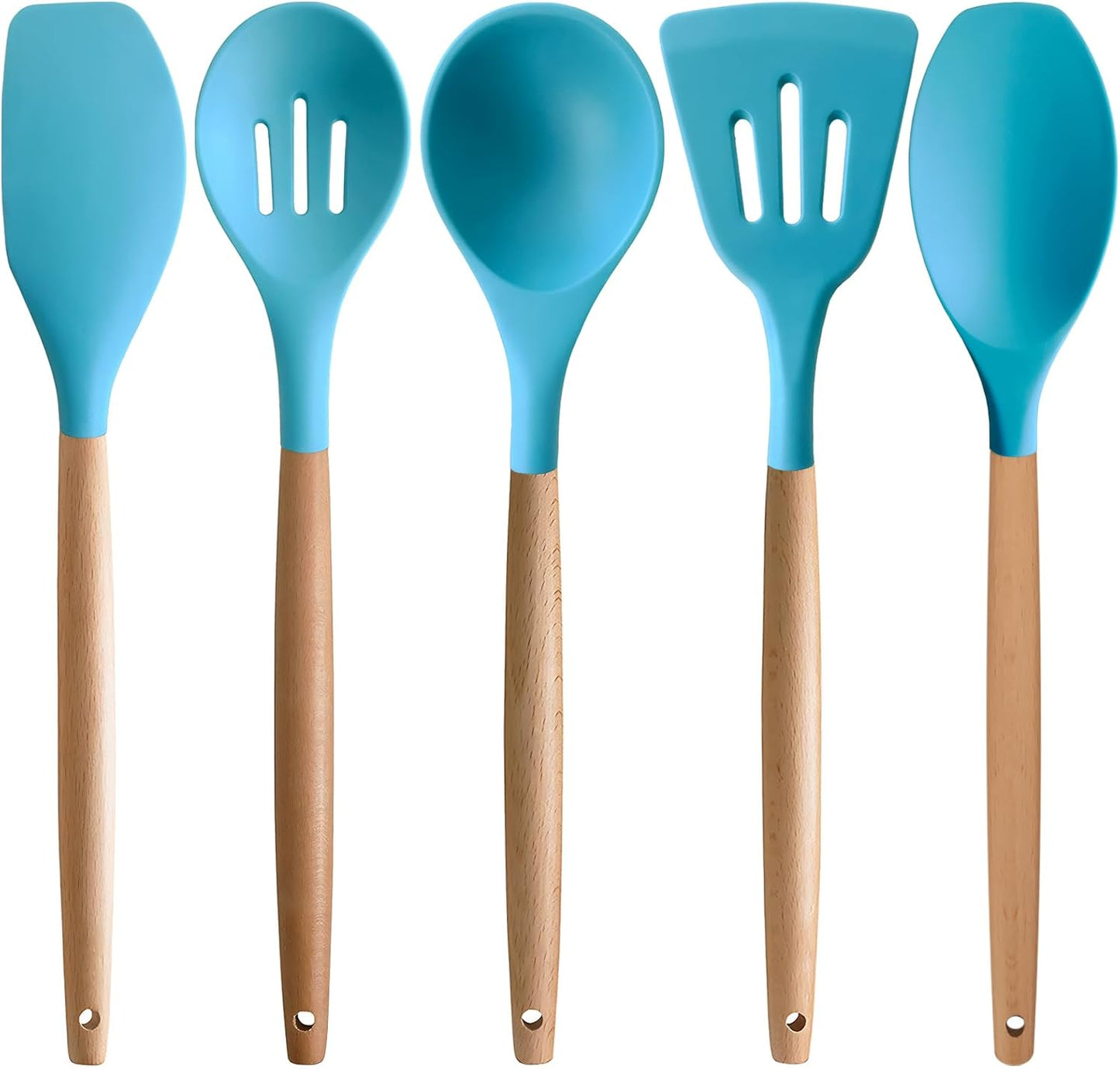 Kitchen Cooking Utensils Set, 6Pcs Silicone Kitchen Utensils Set Spatula Spoon Soup Ladle Turner, Heat Resistant Wooden Handle Silicone Cooking Gadgets for Nonstick Cookware & Baking BPA FREE