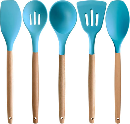 Kitchen Cooking Utensils Set, 6Pcs Silicone Kitchen Utensils Set Spatula Spoon Soup Ladle Turner, Heat Resistant Wooden Handle Silicone Cooking Gadgets for Nonstick Cookware & Baking BPA FREE