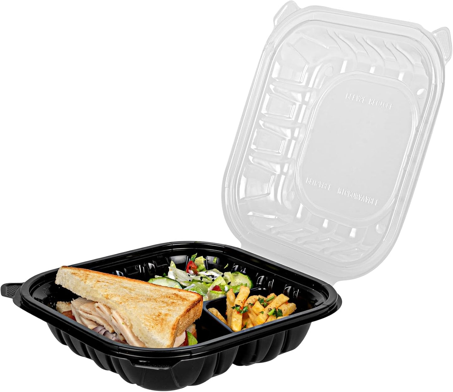 Thermo Tek 40 Ounce Clamshell Containers, 50 Disposable Take Out Boxes - 3 Compartments, Ventilated Lids, Black Plastic Meal Prep Containers, Microwavable, For Pasta Or Salads - Restaurantware