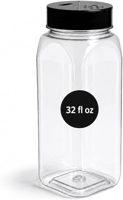 Pride Of India 32 Fl Oz Clear Spice Jar with Dual Opening Lid | Food Grade PET Plastic Oblong Jar | Reusable Organizer for Spices, Herbs, Coffee, Nuts, Snacks & Pet Treats | | 3-4 Cup Capacity