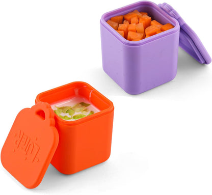 2PCS Dip Containers Compatible with, 4oz Silicone Salad Dressing Container To Go for Most Bento Lunch Box Condiment Dipping Sauce Cups with Lids for Kids School Picnic Travel (Orange, Purple)