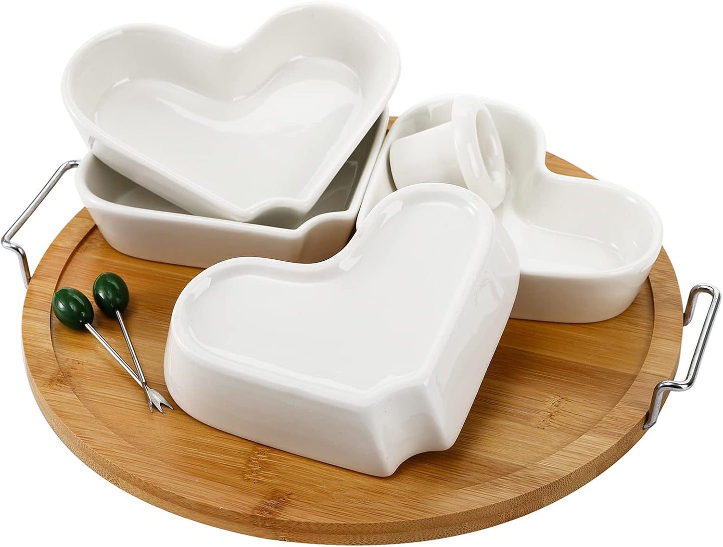 ZEAYEA 11 Inch Appetizer Serving Tray with Holder, Ceramic Divided Serving Platter with Food Picks for Christmas, Relish Tray for Chips and Dip, Veggies, Candy and Snacks, Parties, White
