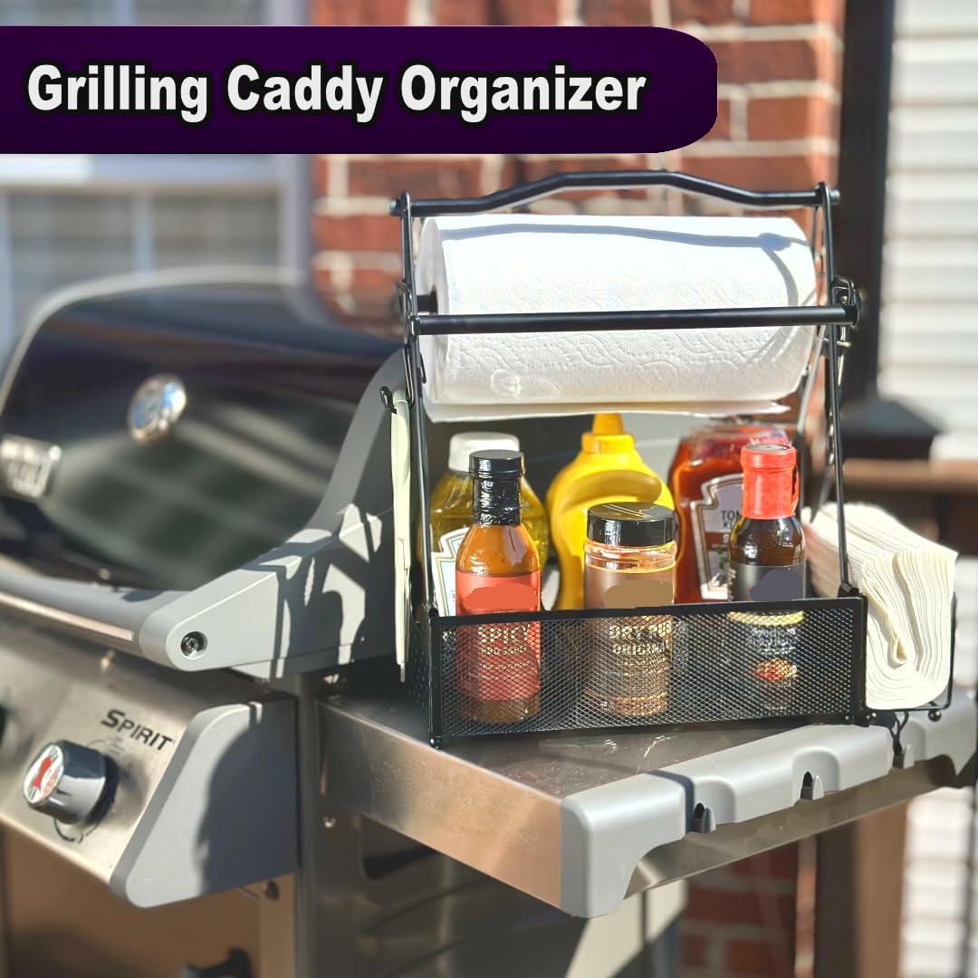 Grill Caddy for Outdoor Kitchen - Foldable Picnic Caddy for BBQ Accessories - Versatile Outdoor Kitchen Accessories Basket with Paper Roll Holder, Hooks & Compartments