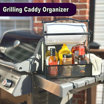Grill Caddy for Outdoor Kitchen - Foldable Picnic Caddy for BBQ Accessories - Versatile Outdoor Kitchen Accessories Basket with Paper Roll Holder, Hooks & Compartments