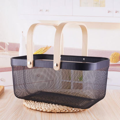 IBWell Square Metal Wire Woven Fruit Storage Bowl Basket with Wooden Handle, Large Black Mesh Fruit Stand, Multi-function Hanging Kitchen Baskets (White, Normal)