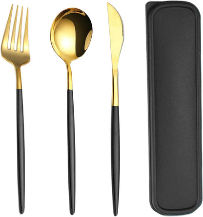 Portable Travel Utensils Set, 18/8 Stainless Steel 3 PCS Cutlery Set Including Knife Fork and Spoon, Reusable Travel Silverware Set with Case for Lunch Box Camping School Office