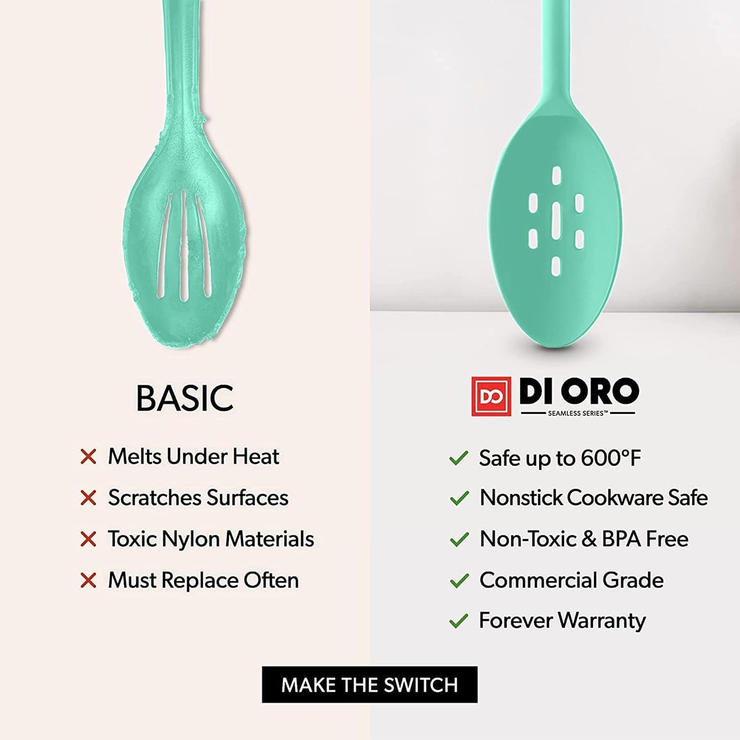 DI ORO Silicone Spoons for Cooking - Large Kitchen Spoons for Mixing, Serving, & Stirring - 600°F Heat-Resistant Non Stick Utensils – Big Solid & Slotted - Dishwasher Safe (2pc, Black)