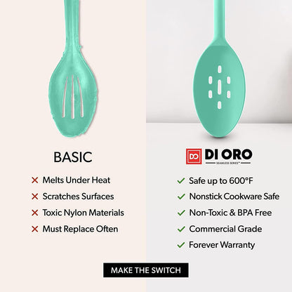 DI ORO Silicone Spoons for Cooking - Large Kitchen Spoons for Mixing, Serving, & Stirring - 600°F Heat-Resistant Non Stick Utensils – Big Solid & Slotted - Dishwasher Safe (2pc, Black)
