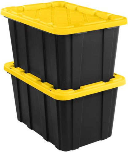Sterilite 4-Pack 27 Gallon Industrial Storage Tote, Heavy-Duty Plastic Bins, Black/Yellow - Stackable Utility Organizers with Lids for Garage, Camping Tools, and Outdoor Gear