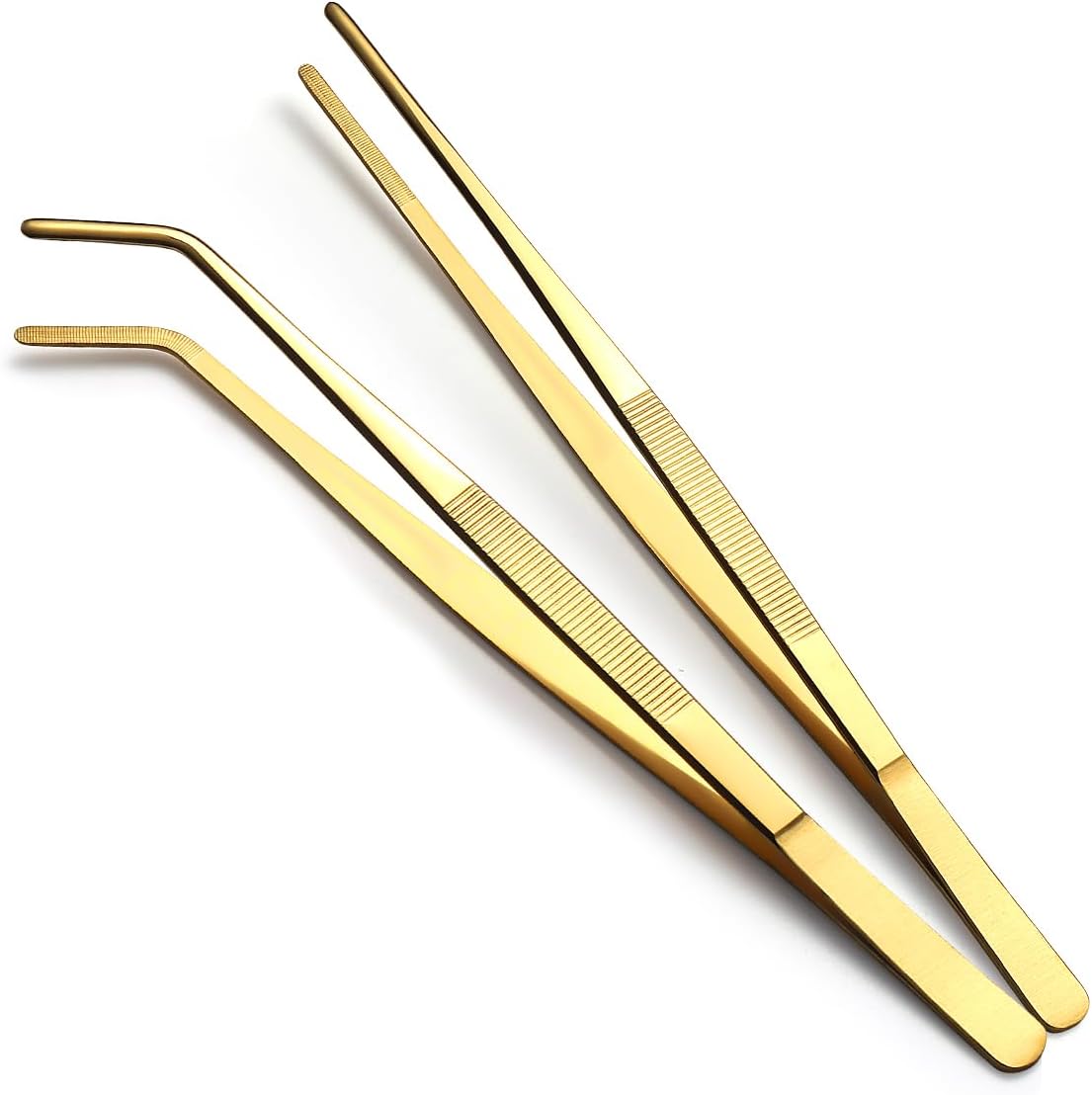 Berglander Kitchen Tweezers Tongs 2pcs, 12" Extra-Long Titanium Gold Plating Stainless Steel Metal Heavy Duty Cooking Tweezers for Chef, Serving Food, Grill, Culinary, Pasta, Salad, BBQ
