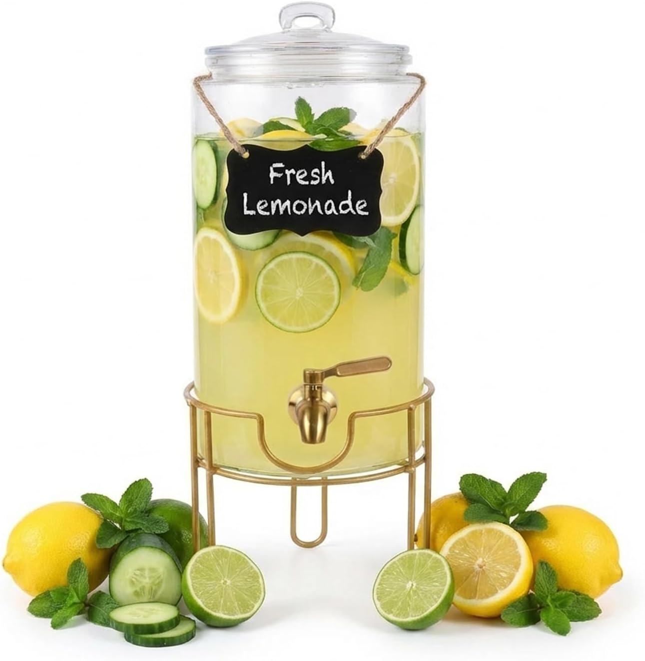 Drink Dispensers for Parties 1 Gallon, Bevarage Dispenser with Stand,Glass Drink Dispenser With Stainless Steel Spigot + Marker & Chalkboard, Ideal for Lemonade,Juice, Tea, and Party Drinks
