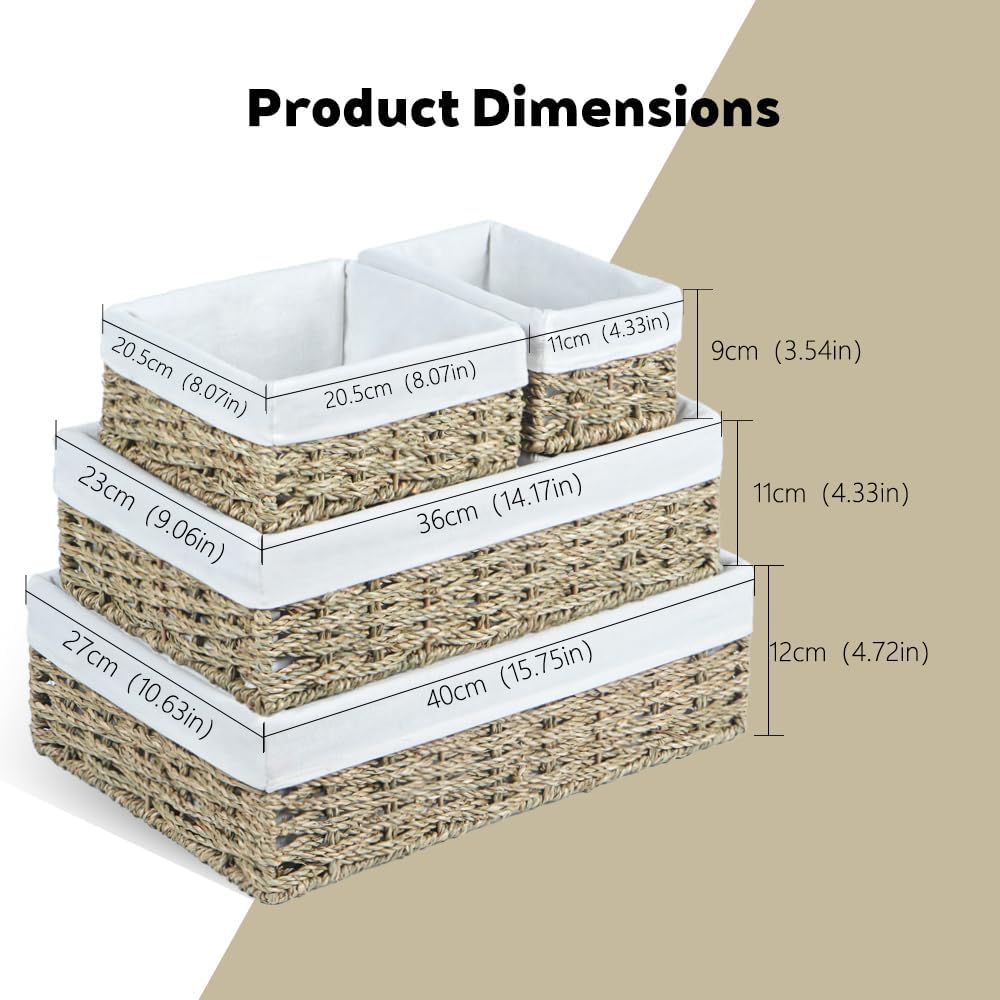 Water Hyacinth Shelf Baskets 4-Pack, Handwoven Wicker Bins with Removable Linen Liners – Divided Upper Compartment & Open Handles, Stackable for Pantry Bathroom Closet