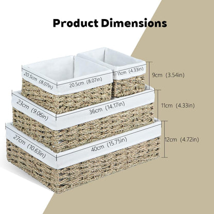 Water Hyacinth Shelf Baskets 4-Pack, Handwoven Wicker Bins with Removable Linen Liners – Divided Upper Compartment & Open Handles, Stackable for Pantry Bathroom Closet