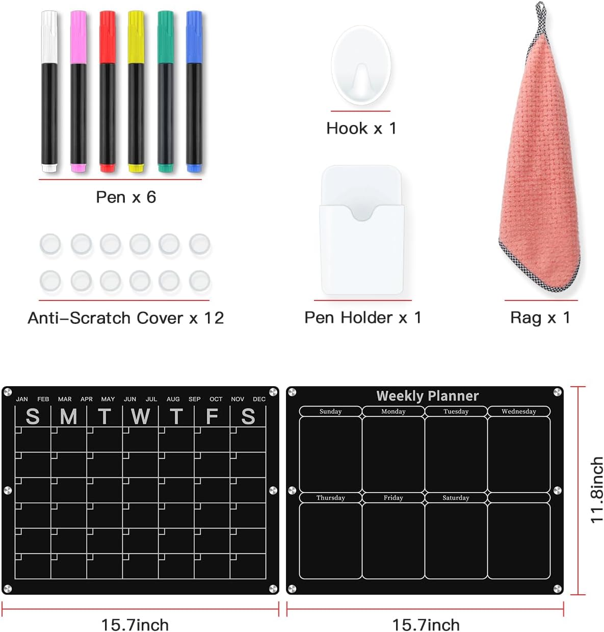 Magnetic Monthly & Weekly Fridge Calendar - Black Dry Erase Acrylic Refrigerator Planning Board Includes 6 Colorful Markers, Pen Holder, Towel, Hook