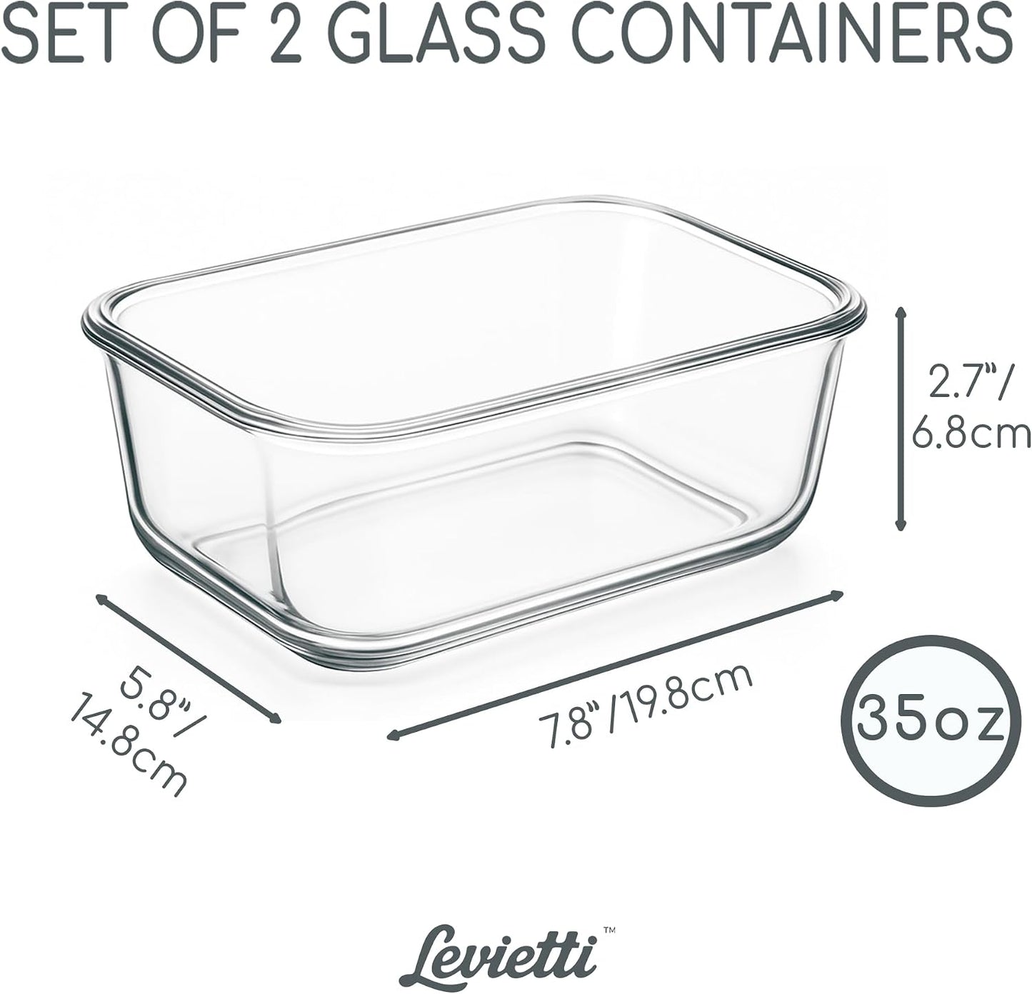 Levietti 2-Pack Borosilicate Glass Food Storage Containers with Lids 35oz (1040 ml) — Airtight Leakproof Meal Prep Containers, BPA-Free Snap Lock Lids, Oven Microwave Freezer Dishwasher Safe