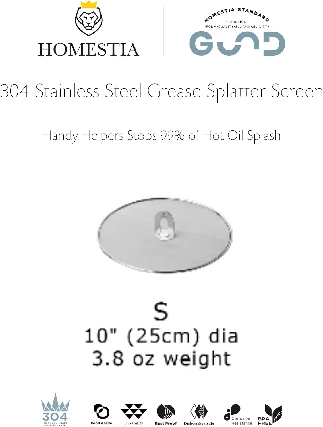 Homestia Splatter Screen for Kitchen, Stainless Steel Fine Mesh Splatter Screen for Frying Pan, 10” Grease Splatter Guard with Fold Flat Knob
