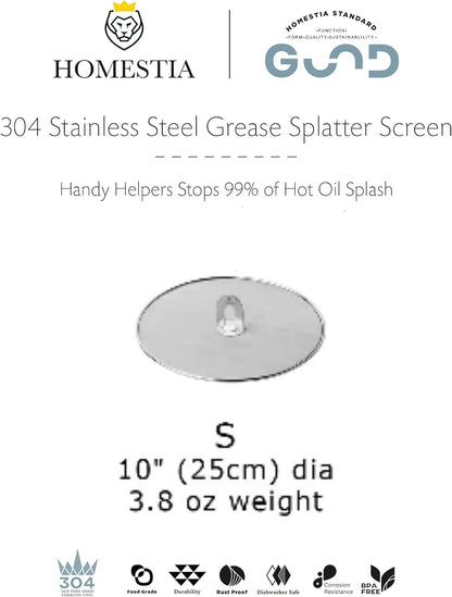 Homestia Splatter Screen for Kitchen, Stainless Steel Fine Mesh Splatter Screen for Frying Pan, 10” Grease Splatter Guard with Fold Flat Knob