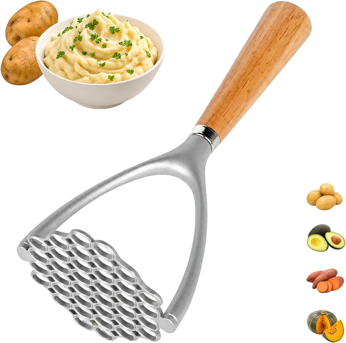 Potato Masher, Aluminum Alloy Food Smasher with Wooden Handle,Potato Press