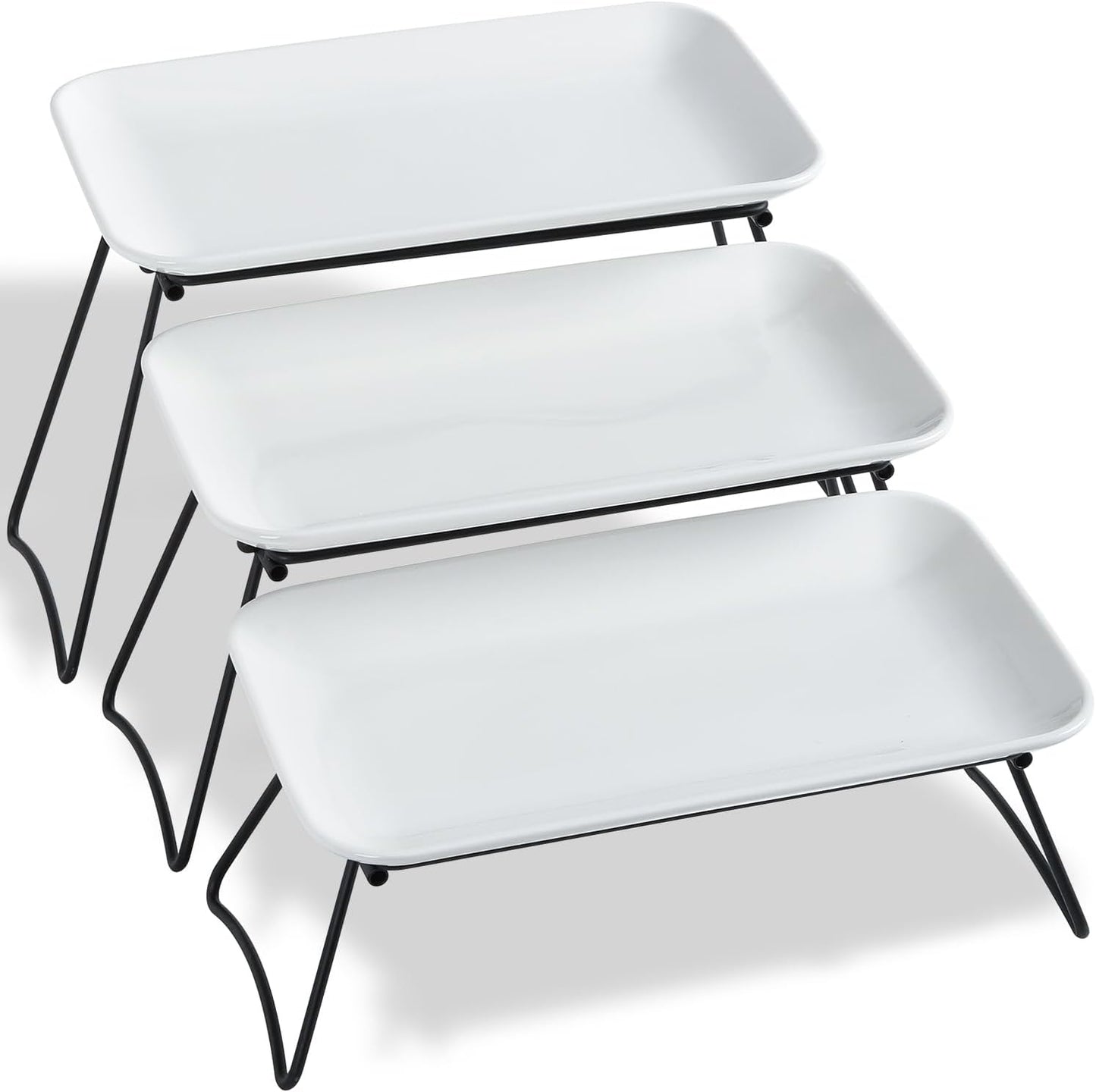 HAPPY KIT 3 Tier Serving Tray Set with Gold Freely Combinable Rack,12 Inch Tiered Tray Stand,Widened Porcelain Platters,Decor Cupcake Stand for Christmas Party Display,Dessert Trays Collapsible