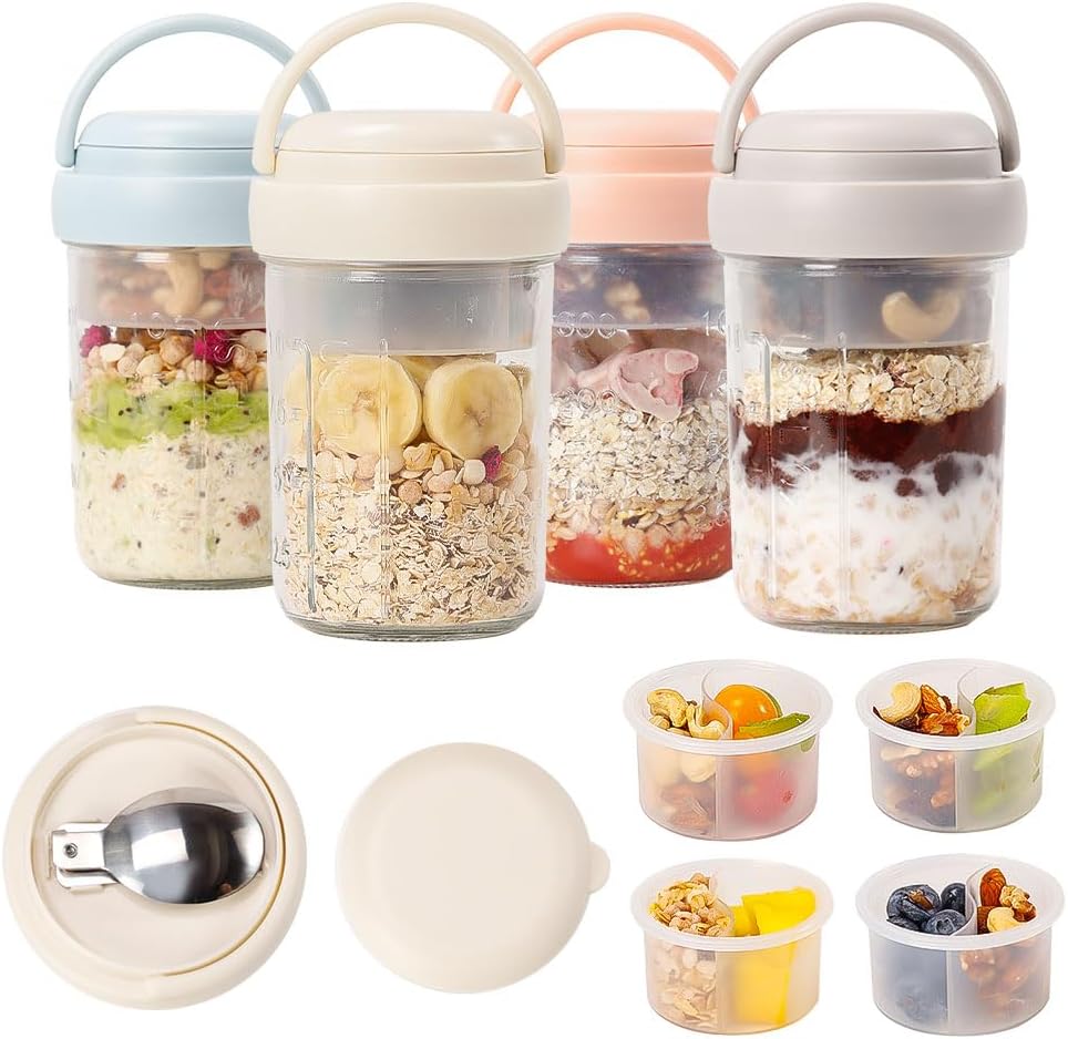 2 Pack Overnight Oats Containers with Lids and Handles, Folding Spoons & Divided Compartments for Fruit & Nuts, 16oz Mason Jars for Oatmeal Yogurt Container Chia Pudding Jars with lids (Cream 2pcs)
