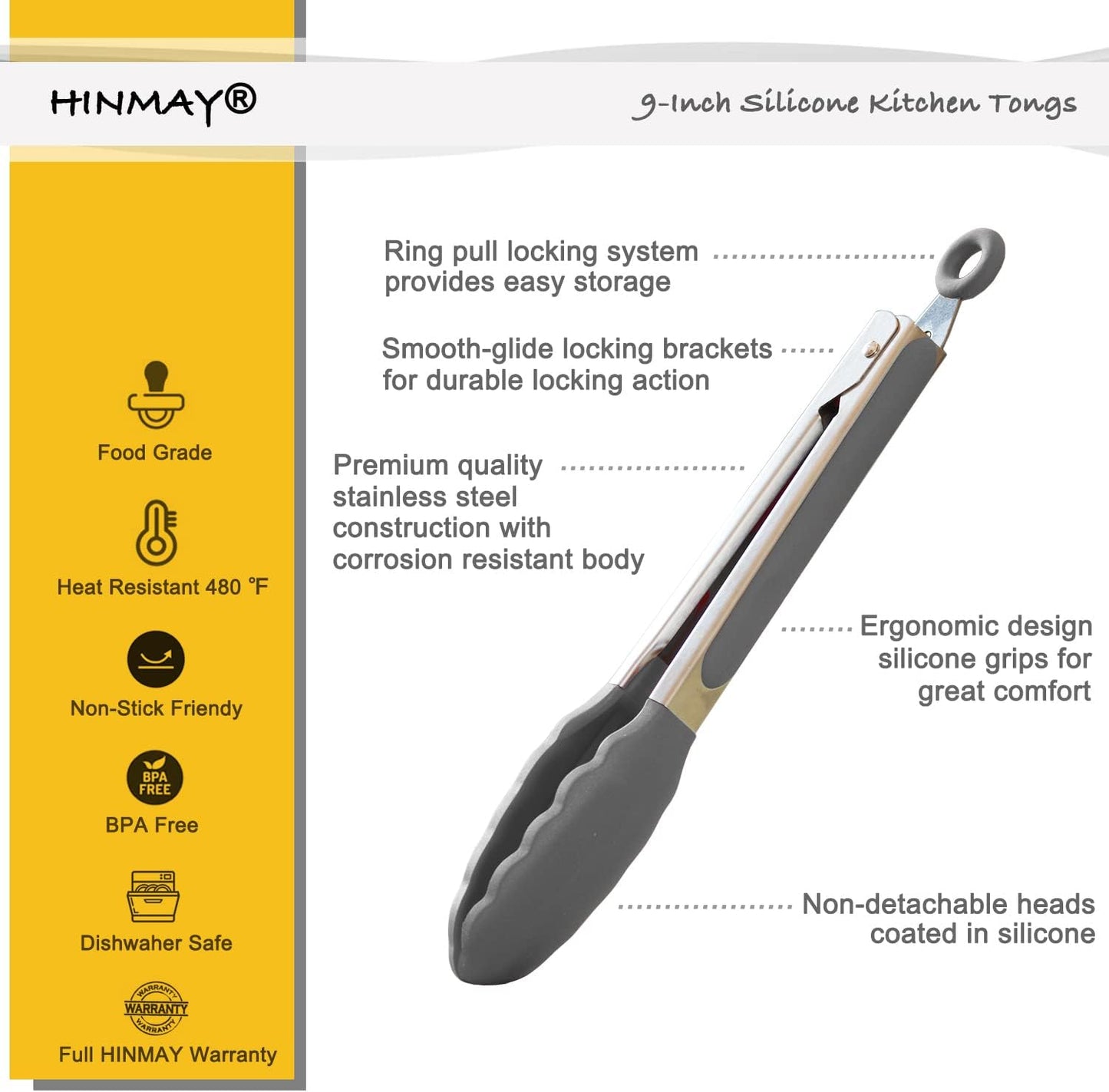 HINMAY Stainless Steel Kitchen Tongs 9-Inch Cooking Tongs, Set of 3