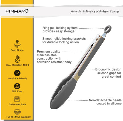 HINMAY Stainless Steel Kitchen Tongs 9-Inch Cooking Tongs, Set of 3
