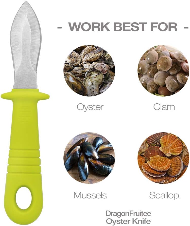 DRAGONFRUITEE Oyster Shucking Knife, Commercial Grade Clam and Shellfish tool With Ergonomic Grip And Anti-Slip Handle, Good For Home Restaurant Kitchen And Outdoor Use, Yellow/Silver (1 Count)