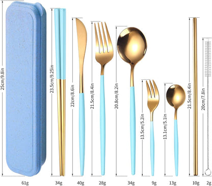 AARAINBOW 8 Pieces Stainless Steel Flatware Set Portable Reusable Cutlery Set Travel Utensils Set Including Chopsticks Knife Fork Spoon Straws Cleaning Brush Dishwasher Safe (Pink Golden)