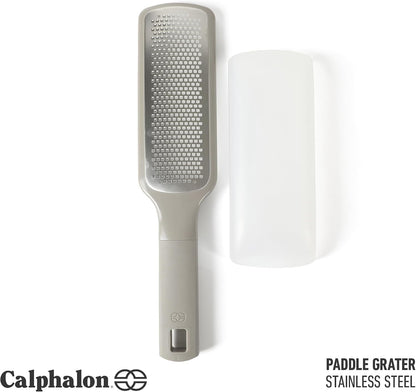 Calphalon Edge Lemon Zester, Stainless Steel Fine Citrus Grater for Lemon, Garlic & Ginger, Handheld Kitchen Zester with Protective Cover & Ergonomic Handle, Taupe
