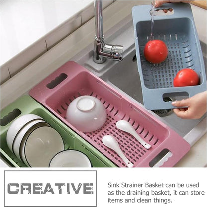 Garneck Expandable over Sink Vegetable Strainer Basket, Blue Plastic Fruit Washing and Draining Colander for Kitchen Sink, Adjustable Fruit Drain Basket for Vegetable Rinsing and Drying