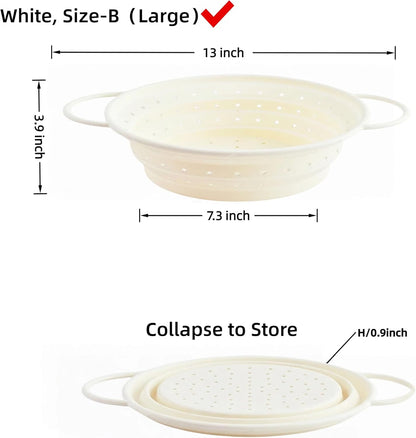 Collapsible Silicone Colander with Handles, Round Strainer with Stainless Steel Rim, Space Saving Kitchen Tool for Fruits & Vegetables,BPA-Free,Heat-Resistant Pasta Drainer(White, L)