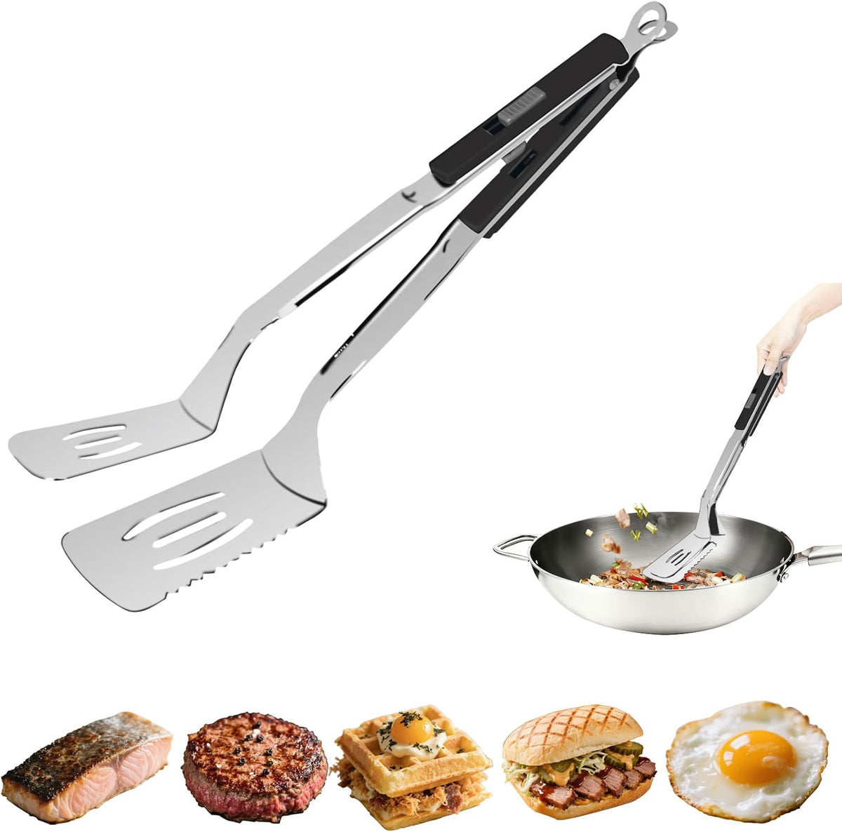 13.5-inch Stainless Steel Tongs for Cooking – Versatile Metal Spatula Tongs for Flipping, Picking Up, Cutting, and Stir-Frying Meats and Other Foods. Kitchen Tongs Durable and Multifunctional.(White)