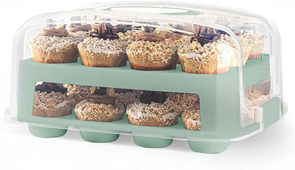 EXTRA TALL DOME 24 Cupcake Carrier, Green Cupcake Holder Carries 24 Cupcake Storage Container, Muffin Traveler Two Tier Stand Reusable Cupcake Box